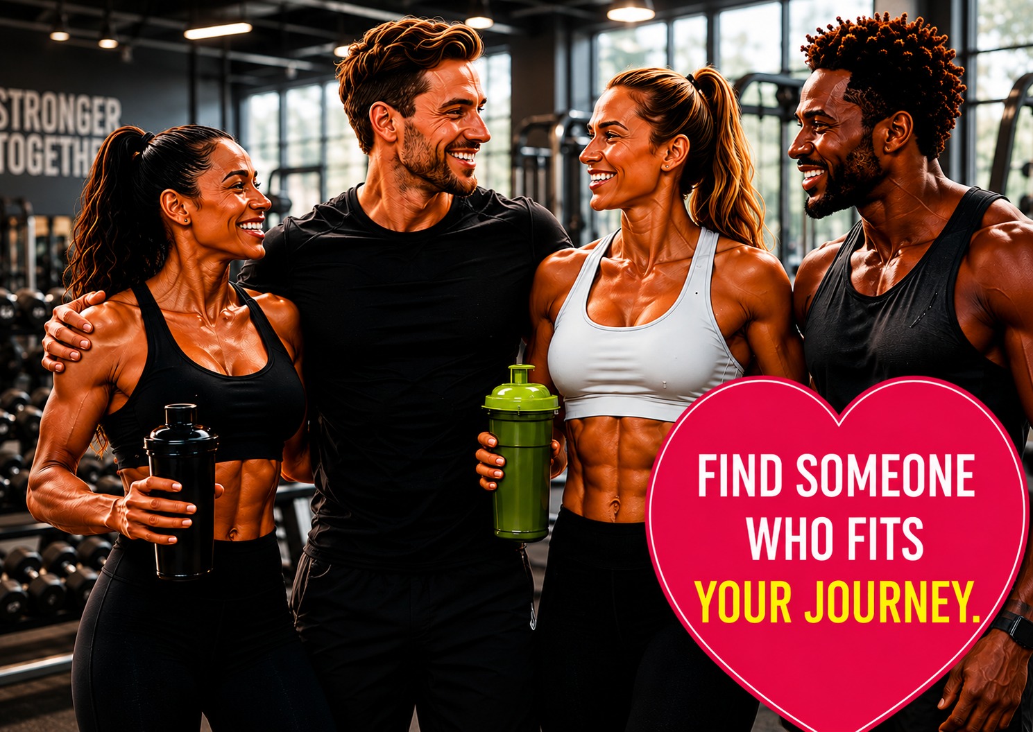 Four friends laughing together after a workout at the gym, with a Find someone who fits your journey badge