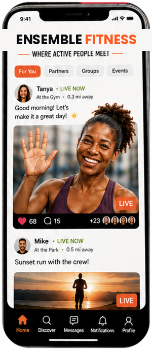 Ensemble Zone feed screen showing members who are live and active nearby